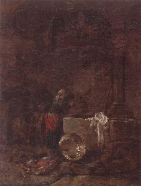 Willem Kalf A woman drawing water from a well under an arcade